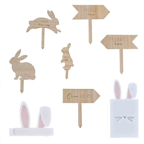 Hey Bunny Easter Egg Hunt Kit with bunny treat bags, headbands, and wooden signs for a fun, eco-friendly Easter celebration.