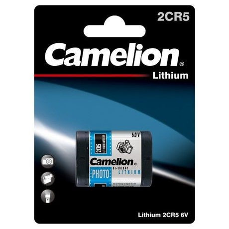 CAMELION 2CR5 6V lithium battery for high-drain devices, 1400 mAh, eco-friendly and lightweight at 37g.