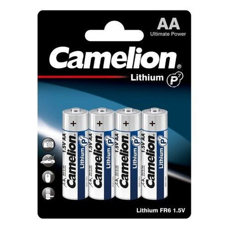 CAMELION LITHIUM AA batteries, 4-pack, delivering 7X longer usage for high-drain devices with a 10-year shelf life.