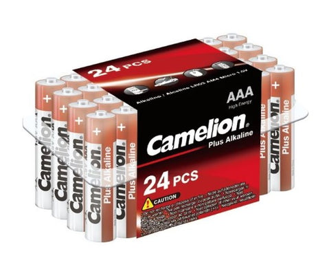 CAMELION PLUS ALKALINE AAA 24-pack batteries, reliable power for devices with anti-leakage technology and 10-year shelf life.