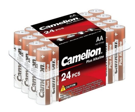 CAMELION PLUS AA alkaline batteries in a 24-pack, ideal for high-drain devices with 10-year shelf life and 2700 mAh capacity.