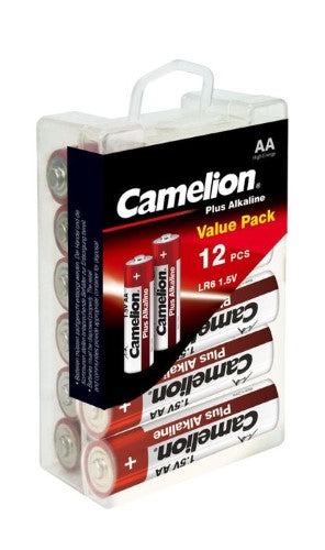 CAMELION PLUS ALKALINE AA 12PK batteries providing long-lasting power, anti-leakage technology, and a 10-year shelf life.