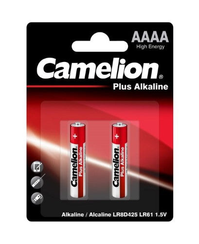 Camelion Plus Alkaline AAAA batteries, 2-pack, designed for high-drain devices with anti-leakage technology and 10-year shelf life.