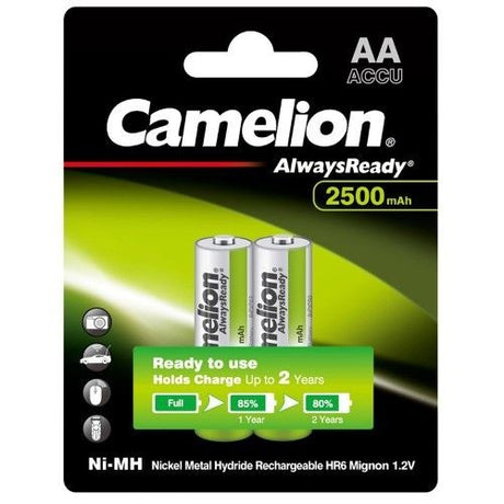 Two Camelion AlwaysReady AA rechargeable batteries, 2500mAh capacity, ideal for various devices, eco-friendly design.