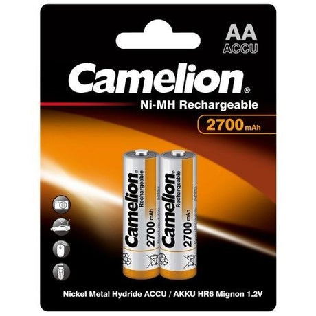 Camelion 2700mAh AA rechargeable batteries pack for high-drain devices, eco-friendly and long-lasting performance.