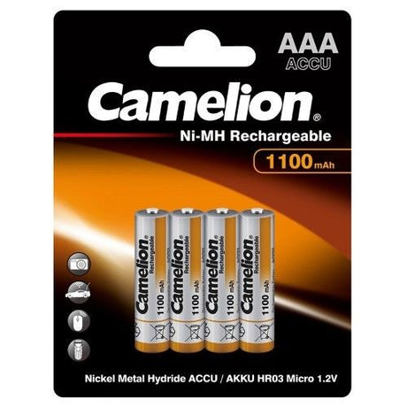 CAMELION Rechargeable 1100mAh AAA batteries in a 4-pack, ideal for high-drain devices with 1000 recharge cycles.