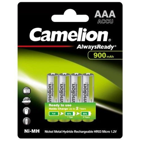 CAMELION ALWAYSREADY 900mAh AAA rechargeable batteries in a 4-pack, ideal for various portable devices and pre-charged for immediate use.