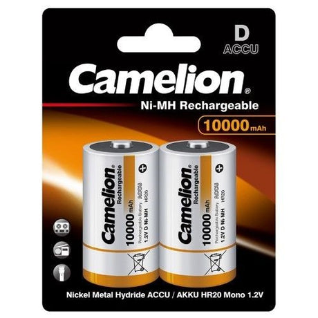 High-capacity CAMELION rechargeable 10000mAh D batteries for reliable power in various devices, eco-friendly design.