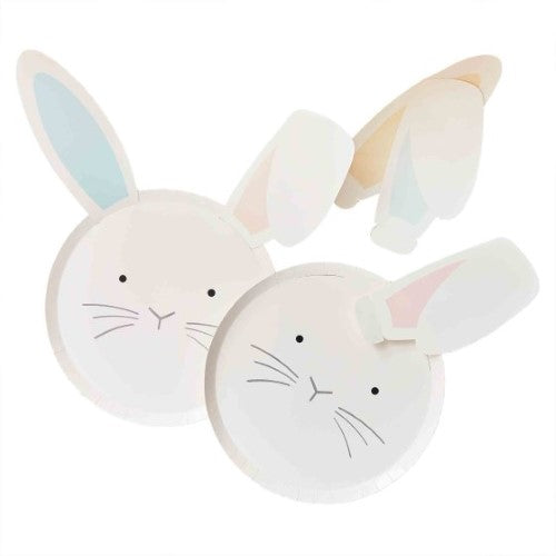 Pack of 8 eco-friendly Easter paper plates with bunny design and interchangeable pastel ears for festive gatherings.