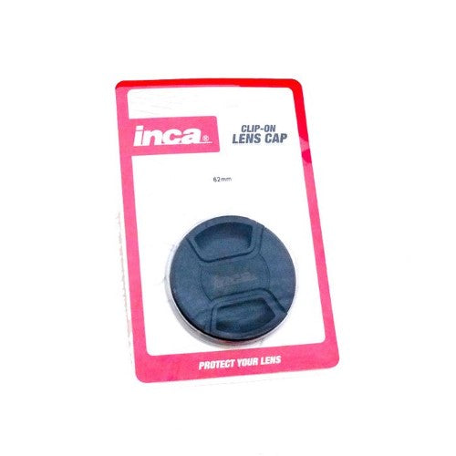 Inca 62mm lens cap clip-on, protects lens from dust and scratches, fits standard filter threads.