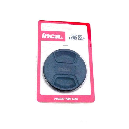Inca 77mm lens cap clip-on protects lenses from dust and scratches, fitting standard filter threads securely.