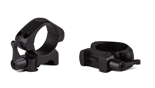 KONUS 30mm quick release steel rings, medium profile for secure optic mounting on Weaver and Picatinny rails.