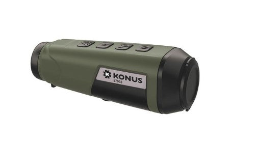 KONUS FLAME thermal monocular with 0.6-2.4x zoom, 160x120 resolution, Wi-Fi, and waterproof design for outdoor use.