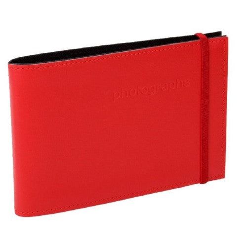 Vibrant red CITI LEATHER 4x6 photo album with elastic strap, holding 52 photos for stylish memory storage.