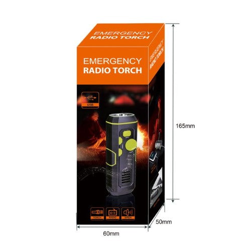 BSAFE Emergency Radio Torch featuring FM radio, hand crank, USB charging, 30m beam, and emergency siren for safety.