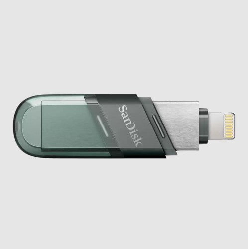 SANDISK iXpand Flash Drive Flip 64GB with dual connectors for easy iPhone storage expansion and automatic backup of files.