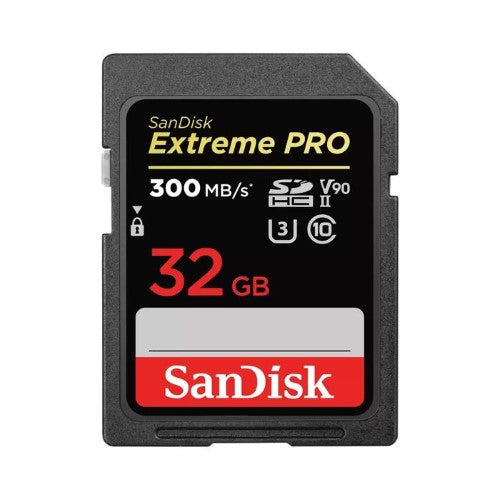 SanDisk Extreme PRO 32GB SDHC card for 8K/4K video, 300MB/s read speed, shockproof, waterproof, and durable.