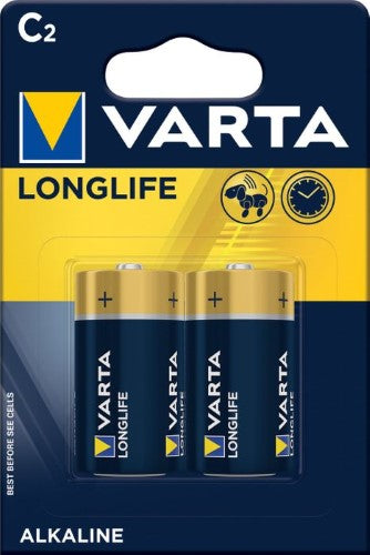 VARTA Alkaline Longlife C batteries, 2-pack, designed for efficiency in low-energy devices with long-lasting performance.