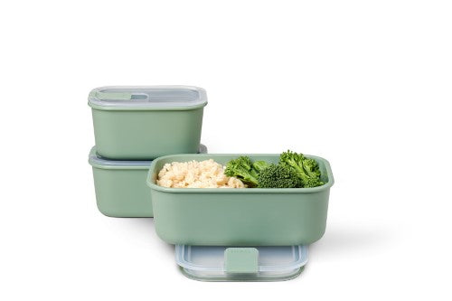 Easyclip 3 Piece Set in Nordic Sage, featuring airtight containers with one-click locking and microwave-safe lids.