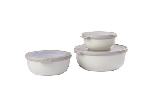Cirqula Round 3-Piece Small Set in Nordic White, durable bowls with airtight lids for stylish food storage and meal prep.