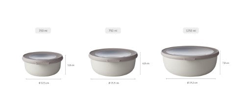 Cirqula Round 3-Piece Small Set in Nordic White, versatile bowls with airtight lids for stylish food storage and easy serving.