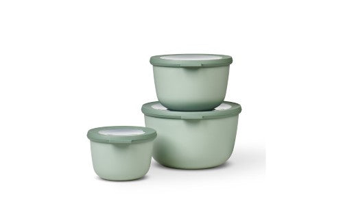 Cirqula Round 3-Piece Set in Nordic Sage, featuring airtight lids, stackable design, and microwave safe for versatile food storage.
