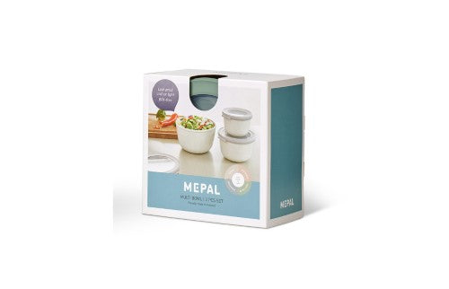 Cirqula Round 3-Piece Set in Nordic Sage: durable, airtight bowls with transparent lids, microwave and dishwasher safe.