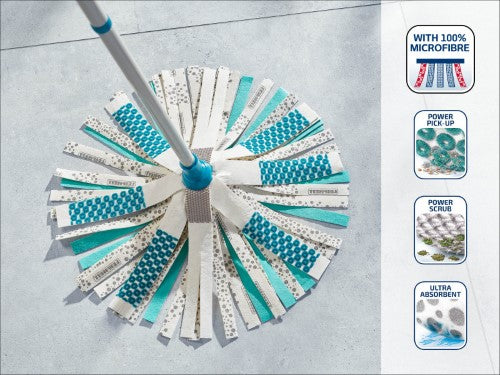 Leifheit Set Power Mop 3in1 with a 12-litre bucket and ultra-absorbent microfibre strips for efficient floor cleaning.