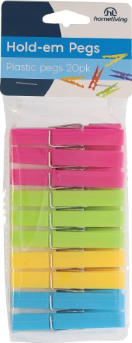 Brightly colored plastic laundry pegs from Homeliving, 20 pack, UV stable, durable for indoor and outdoor use.