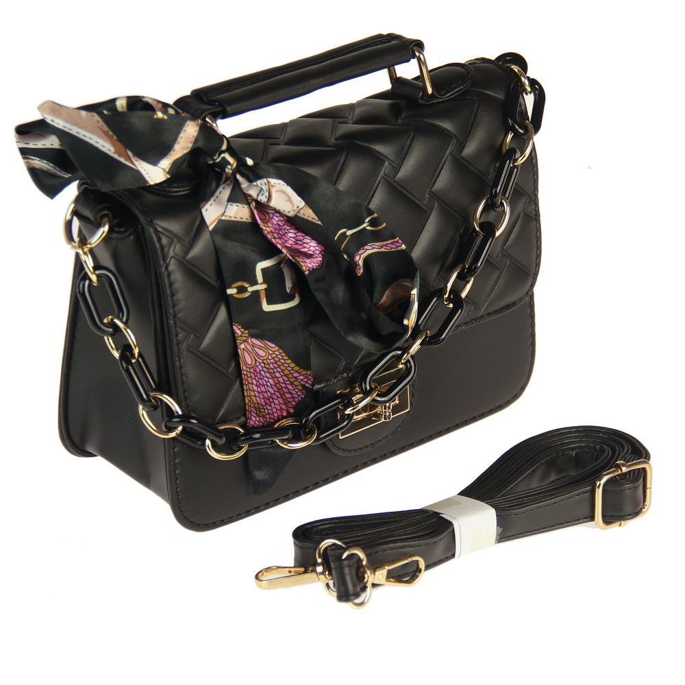 Handbag - Chain & Scarf Bag Bag - BLACK