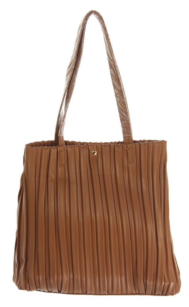 Handbag - Vertical Pleats Tote Bag - CAMEL