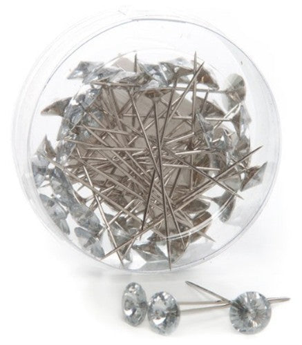 Silver diamante pins with teardrop heads, 12mm, ideal for crafting, sewing, and embellishing with glamour.