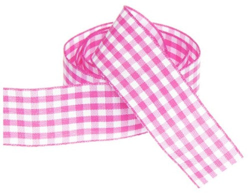 Vibrant hot pink gingham ribbon, 25mm wide and 20m long, ideal for crafting, bows, and decorating gifts.