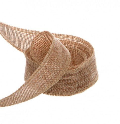 Natural jute ribbon with sewn edges, 25mm wide and 10m long, ideal for crafting and decorating.