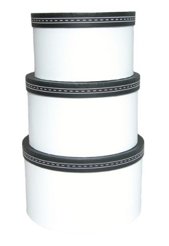 Elegant set of 3 round gift boxes with a black lid and white base, perfect for stylish gift wrapping and storage.