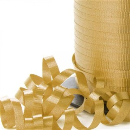 Luxurious gold curling ribbon, perfect for elegant gift wrapping and party decorations, 450m long, 5mm wide.