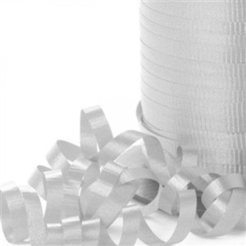 Premium silver curling ribbon, 450m x 5mm, perfect for elegant gift wrapping and crafting with a stunning sheen.