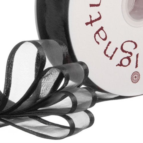 Black organdy ribbon with satin edge, 23mm wide and 20m long, perfect for elegant crafts and gifting.