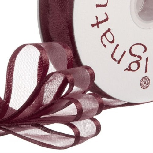 Elegant burgundy organdy ribbon with satin edges, perfect for crafting, gift-wrapping, and event décor.