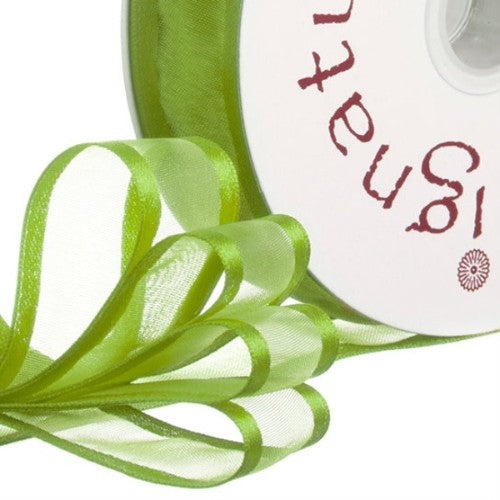 Lime organdy ribbon with satin edge, 23mm wide and 20m long, perfect for elegant DIY crafts and gift wrapping.