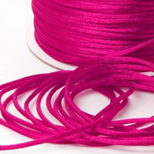 Hot pink satin ribbon cord, 2mm wide and 100m long, perfect for crafts, gift wrapping, and home decor projects.