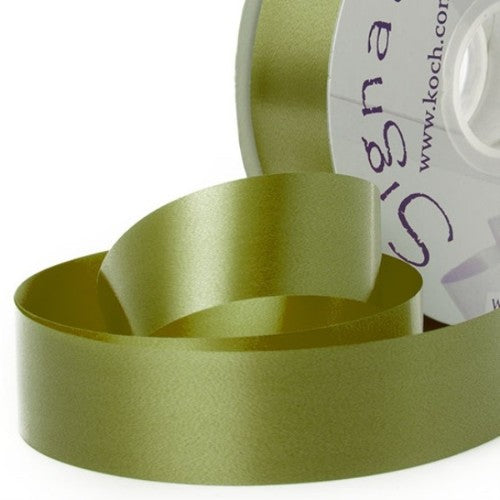 Moss green Economy Tear Ribbon, 30mm wide and 91m long, perfect for crafts and gift wrapping.
