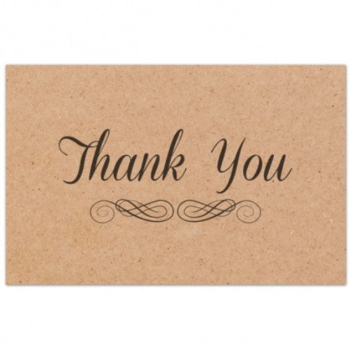 Pack of 50 rustic brown kraft thank you cards, 10cm x 6.5cm, perfect for heartfelt messages and appreciation.