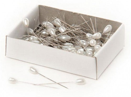 White Pearl Teardrop Head Pins, 5mm x 38mm, pack of 144, ideal for elegant sewing and crafting projects.