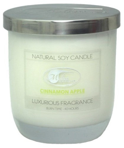 Soy candle jar with metal lid, featuring warm cinnamon and crisp apple scents, perfect for creating a cozy atmosphere.
