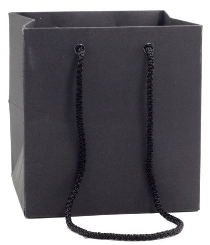 Set of 10 small black kraft gift bags measuring 17cm high, 16cm wide, and 16cm deep.