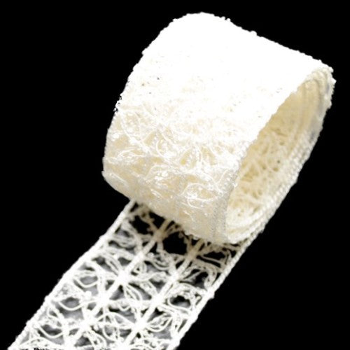 Cream Lurex Lace Ribbon with woven edge, 38mm wide and 10m long, perfect for elegant crafting and decorating.
