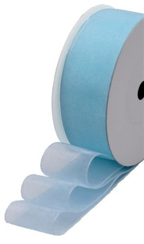 Baby Blue organza ribbon roll, perfect for elegant crafts and gift wrapping, featuring a delicate translucent finish.