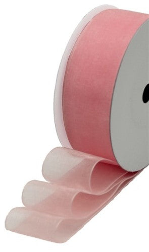 Sheer baby pink organza ribbon ideal for elegant decorations, gift wrapping, and crafting projects.