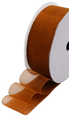 Copper organza ribbon, 40mm wide, in a 50m roll, perfect for elegant crafts and decorations.